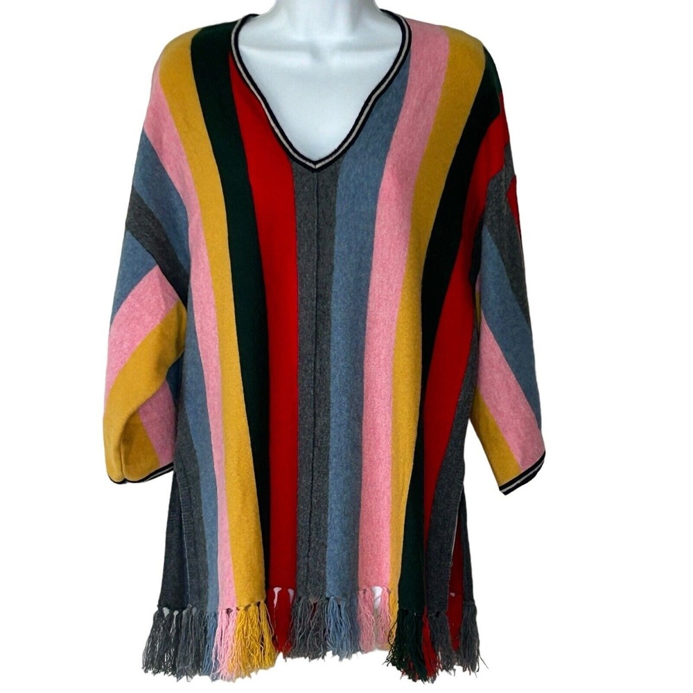 Faherty Cashmere Sweater Size XS/S Rainbow Colorblock Kimono Fringe